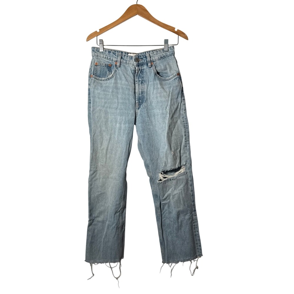 Zara Woman High Waisted Straight Leg Distressed Light Wash Jeans Size 6